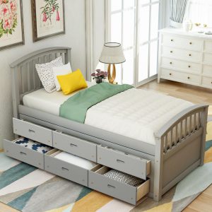 Drawers Gray Twin Size Platform Storage Solid Wood Bed