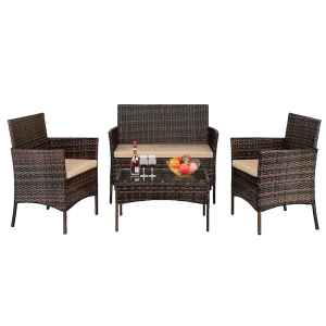 Karl home 4-Piece Wicker Patio Conversation Set with Beige Cushions